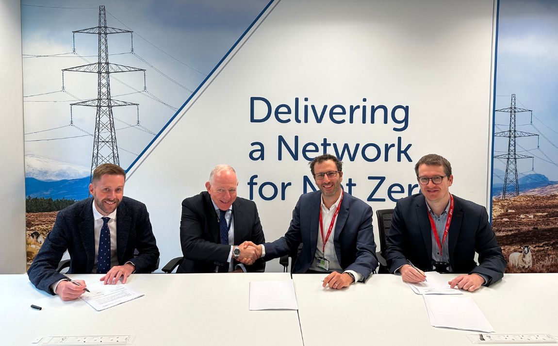 Signing of the agreement between Nexans and SSEN Transmission in Glasgow on August 31, 2023 – from left to right : Mark Smith, Head of Procurement & Commercial (SSENT) - Sandy Mactaggart, Director of Offshore Delivery (SSENT) - Sylvain Cabalery, VP Sales & Marketing (Nexans) - Colin Henvey, Head of Sales, UK (Nexans)